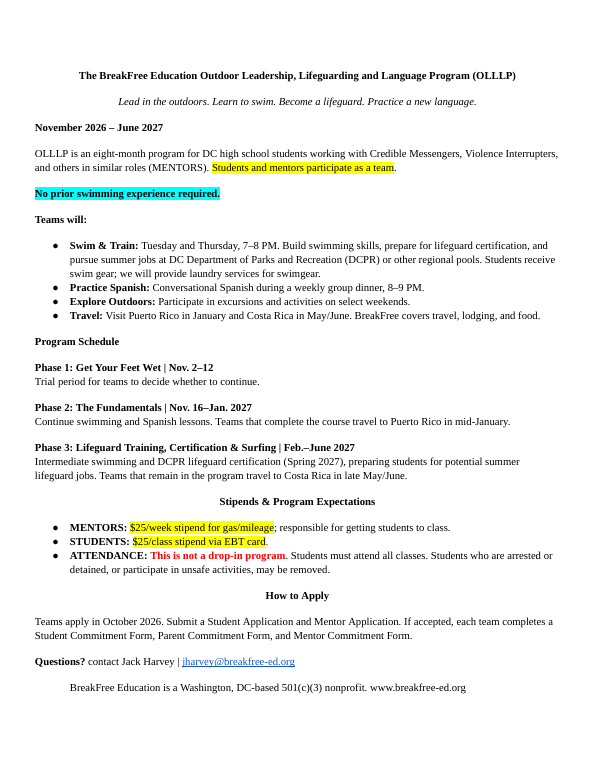 First page of the OLLLP participant one-pager